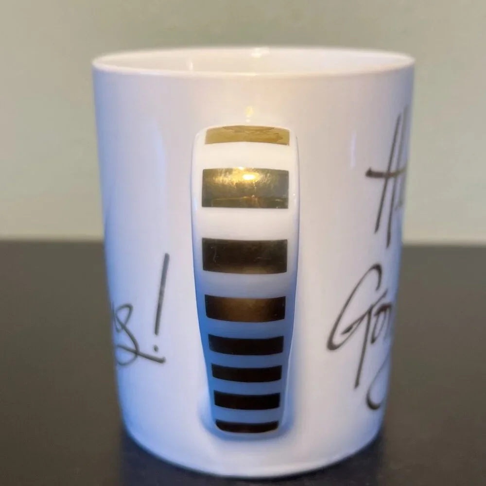 Pier 1 Hello Gorgeous Gold Ceramic Coffee Mug 14oz White Metallic Script